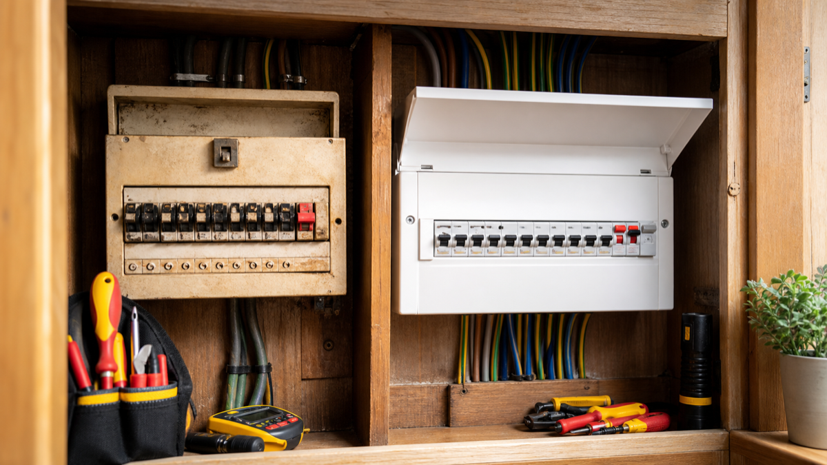 Old fuse box and modern consumer unit