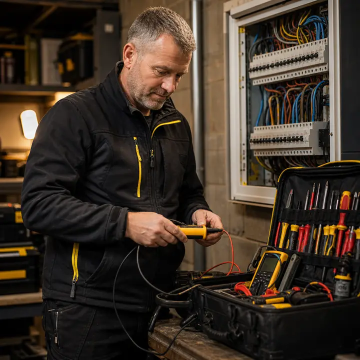 Illustrative electrician with testing equipment