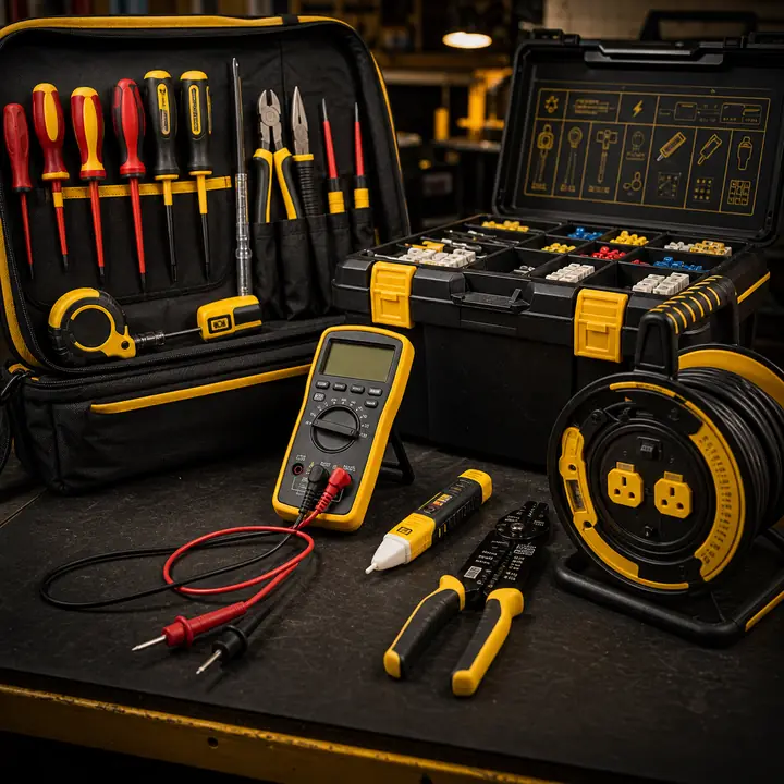 Illustrative electrician tools and testing kit