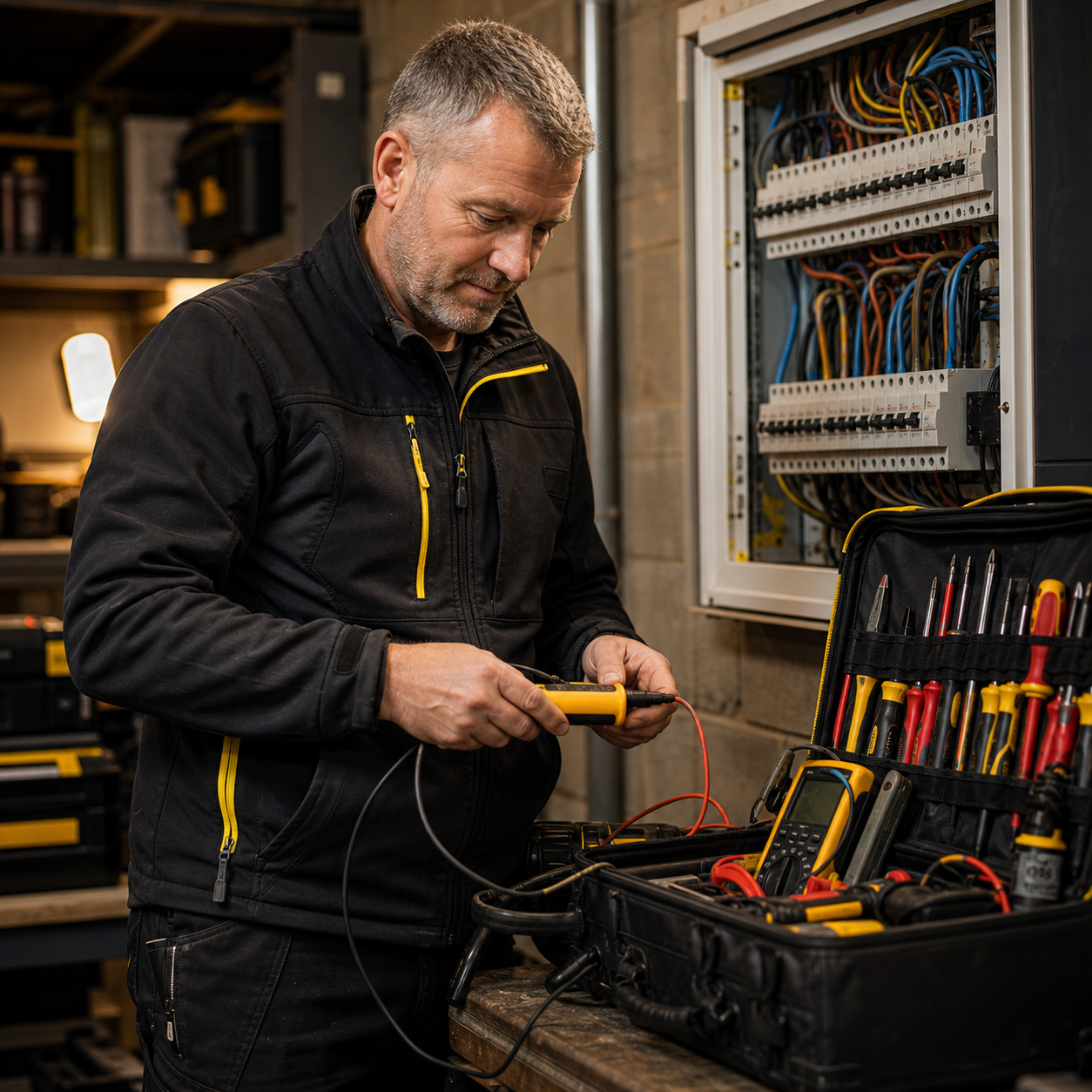 Illustrative electrician with testing equipment
