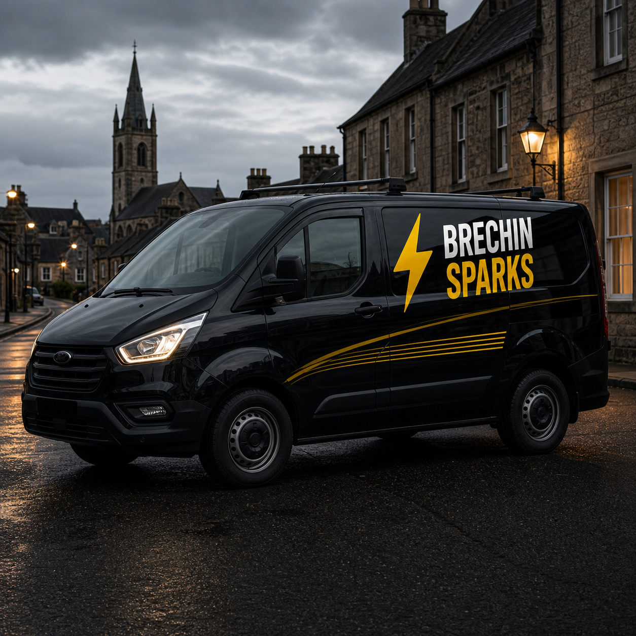 Illustrative black Brechin Sparks electrician van