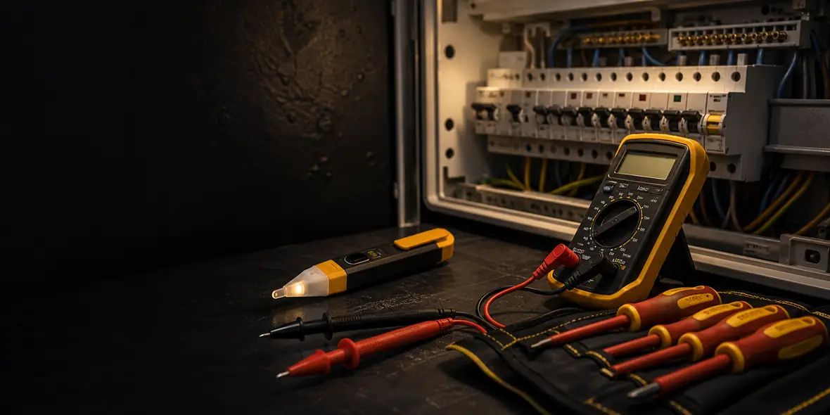 Electrical tester and tools beside a consumer unit